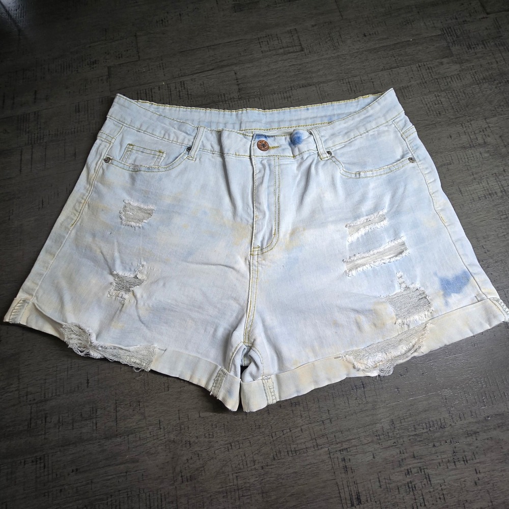 Denim Jean Shorts Womens Size 14 Light Wash Distressed Stretch - Red Clay Stain